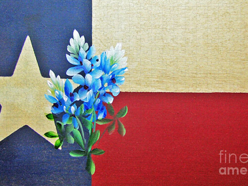 Texas Flag Jigsaw Puzzle featuring the painting Texas Flag with Bluebonnets by Jimmie Bartlett