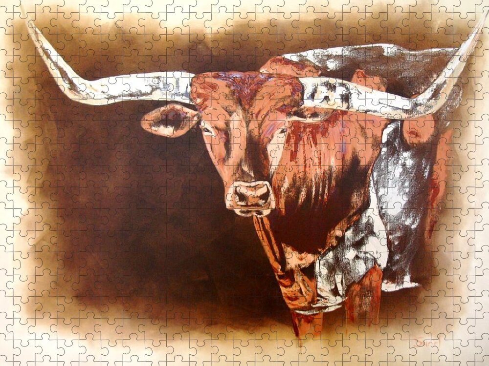 Texas Jigsaw Puzzle featuring the painting Texas Longhorn by Sunel De Lange