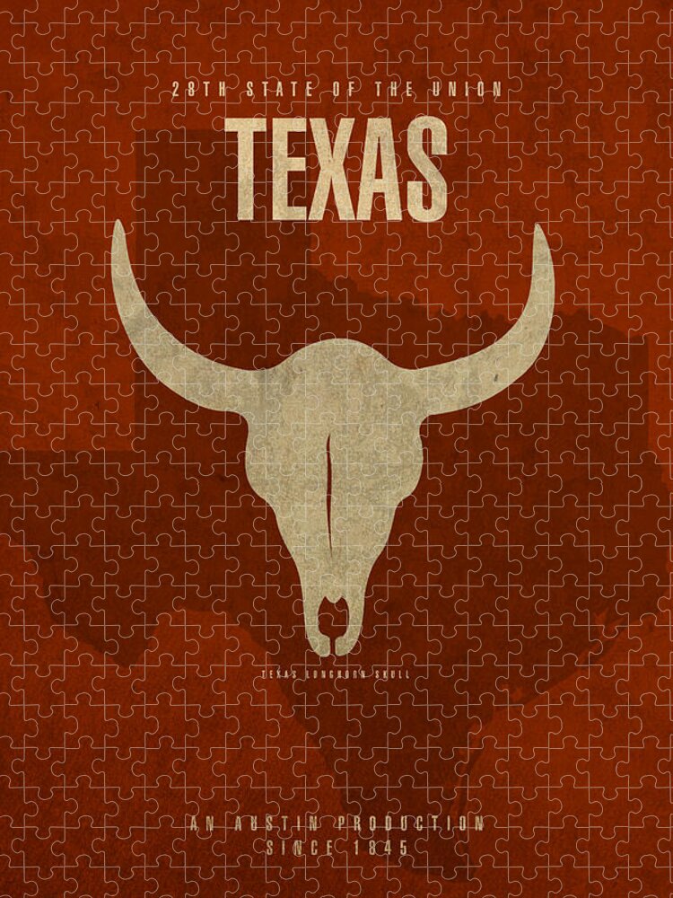 Texas Jigsaw Puzzle featuring the mixed media Texas State Facts Minimalist Movie Poster Art by Design Turnpike