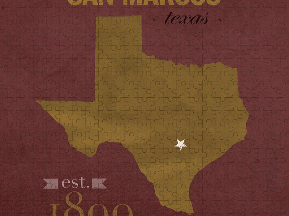 Texas Jigsaw Puzzle featuring the mixed media Texas State University Bobcats San Marcos College Town State Map Pillow by Design Turnpike