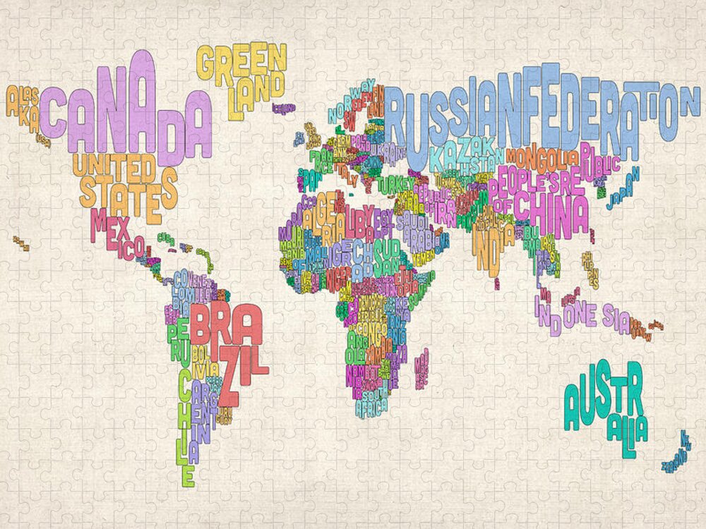 Map Of The World Puzzle featuring the digital art Text Map of the World Map by Michael Tompsett