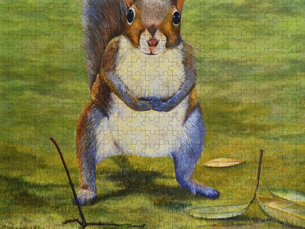 Eastern Gray Squirrel Jigsaw Puzzle featuring the painting The Acorn by AnnaJo Vahle