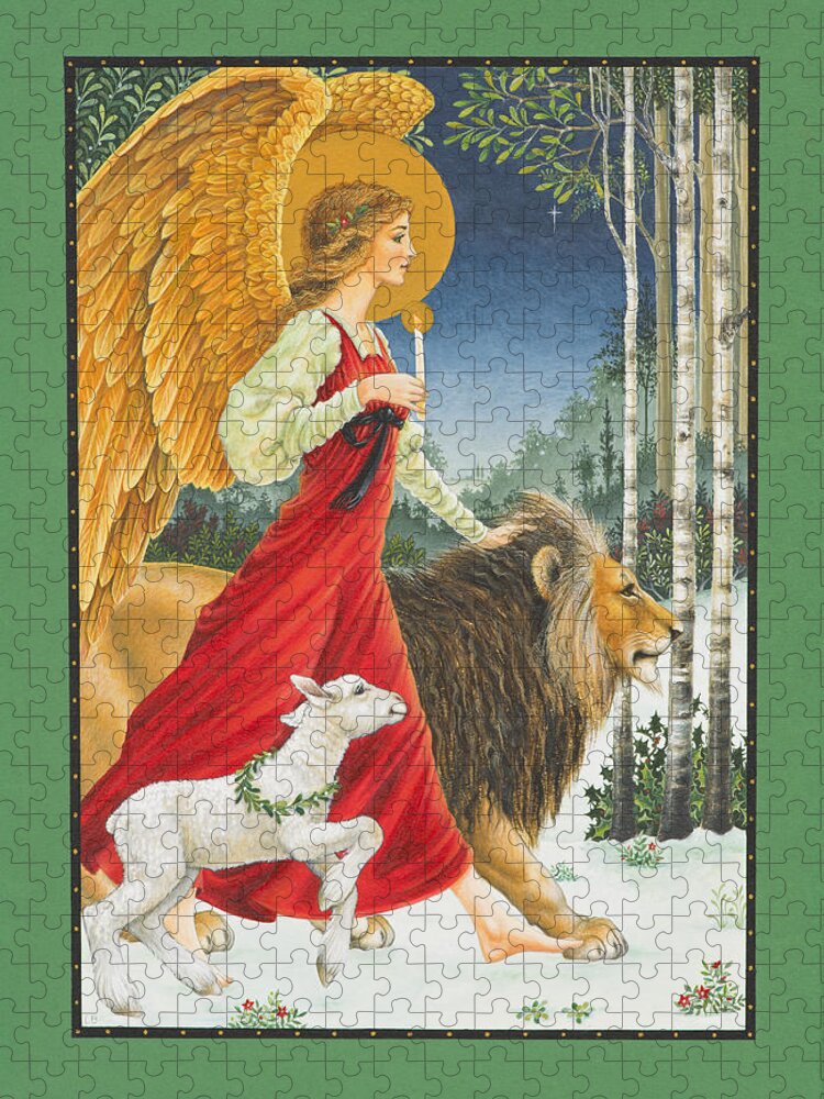 Angel Jigsaw Puzzle featuring the painting The Angel The Lion and The Lamb by Lynn Bywaters