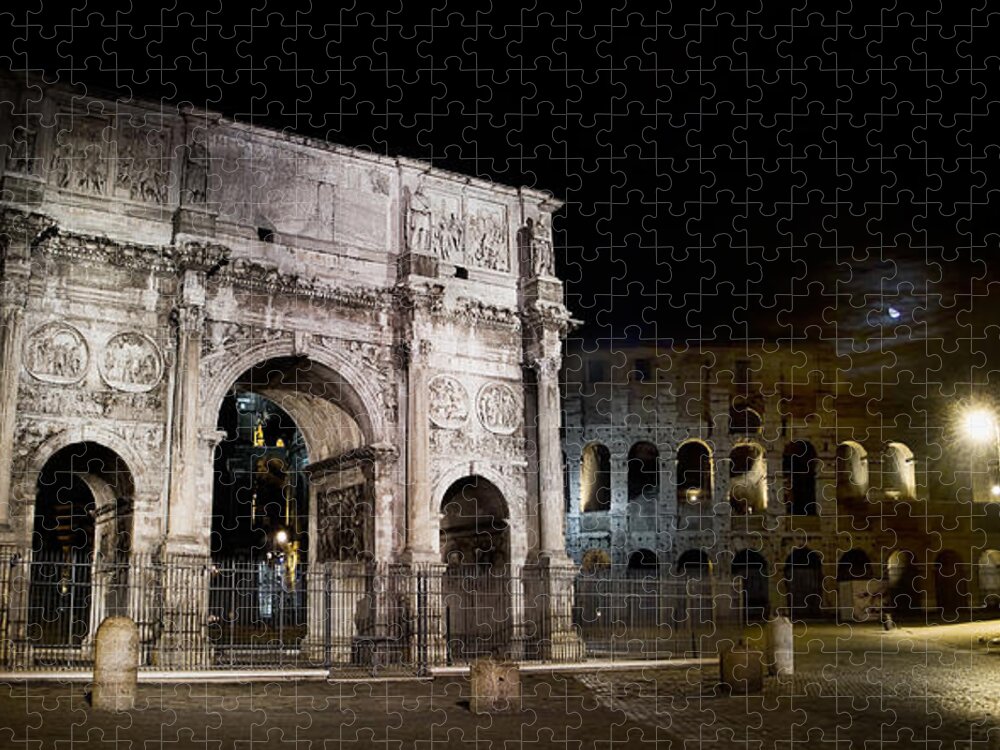 Rome Jigsaw Puzzle featuring the photograph The Arch of Constantine and the Colosseum at night by Weston Westmoreland