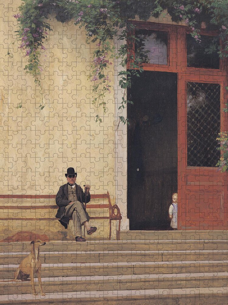 Dog Jigsaw Puzzle featuring the painting The Artist's Father and Son on the Doorstep of his House by Jean Leon Gerome
