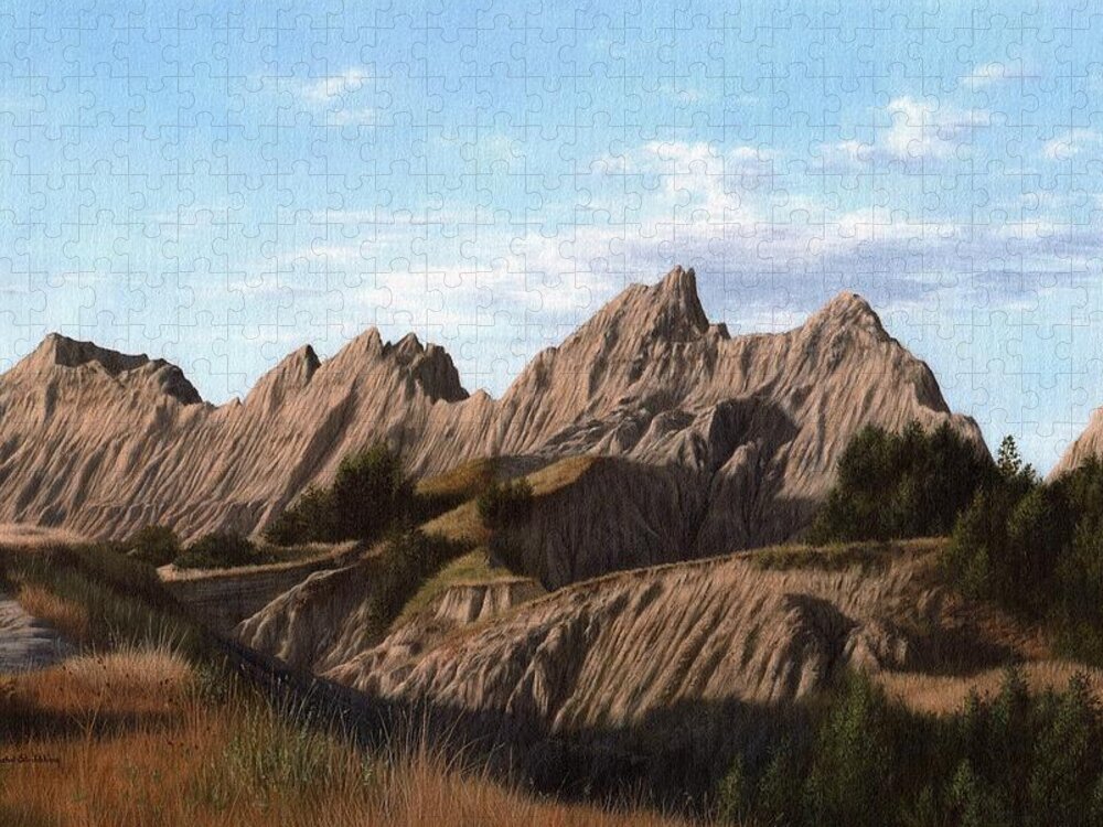 Badlands Jigsaw Puzzle featuring the painting The Badlands in South Dakota Oil Painting by Rachel Stribbling