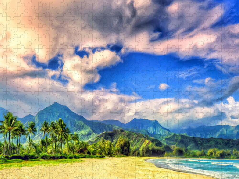 Hanalei Bay Jigsaw Puzzle featuring the painting The Beach at Hanalei Bay Kauai by Dominic Piperata