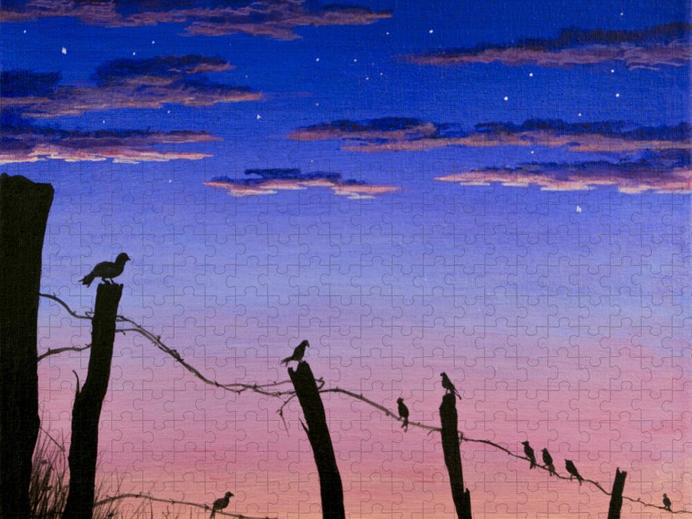 Barbwire Fence Jigsaw Puzzle featuring the painting The Birds - Morning Has Broken by Jack Malloch