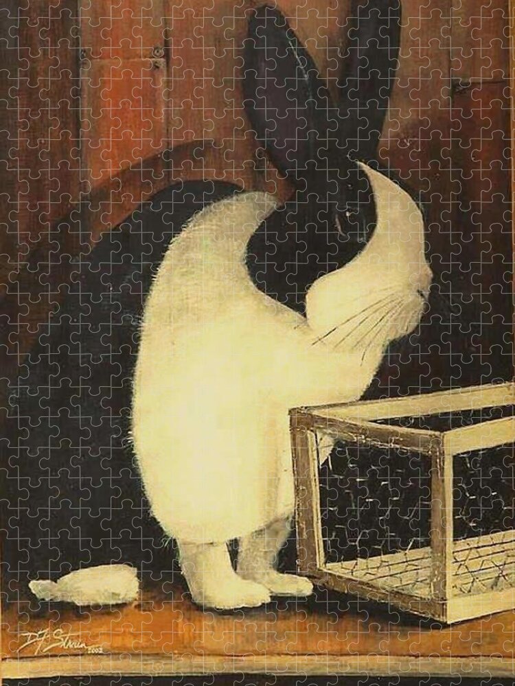 Images Jigsaw Puzzle featuring the painting The Black and White Dutch Rabbit 2 by Diane Strain