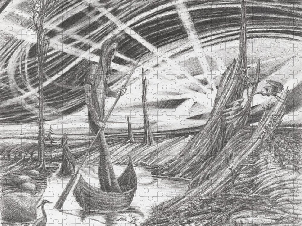Boat Sky Animals Drawing Surreal Fantasy Ancient Birds Animals Trees Jigsaw Puzzle featuring the drawing The Boatman by Mark Johnson