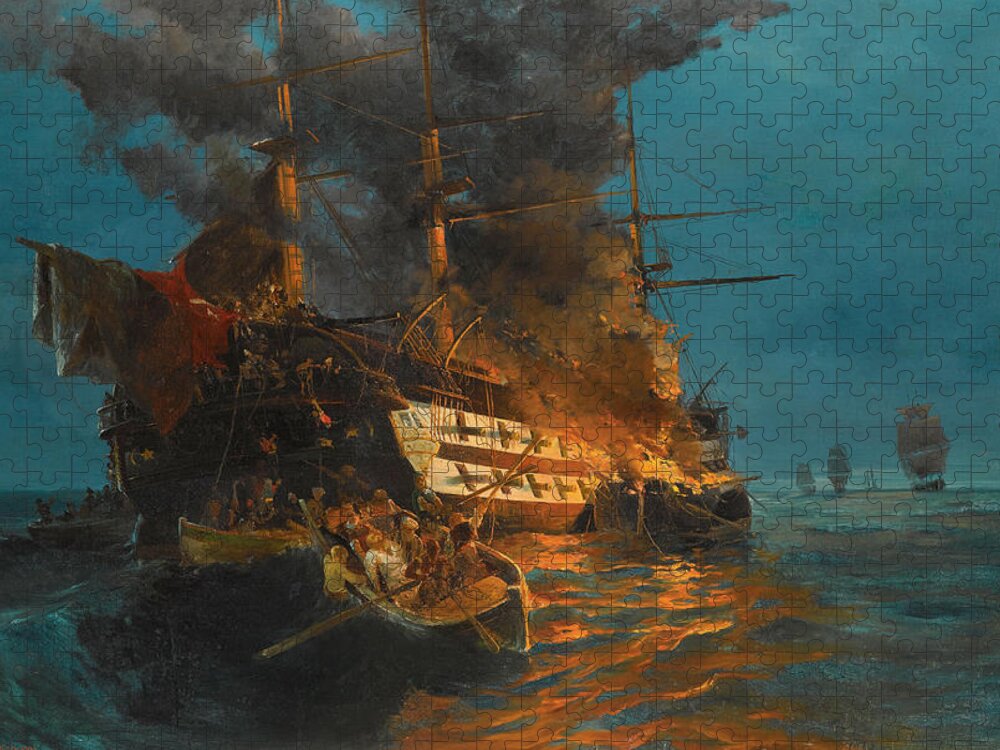 Konstantinos Volanakis Jigsaw Puzzle featuring the painting The burning of a Turkish frigate by Konstantinos Volanakis