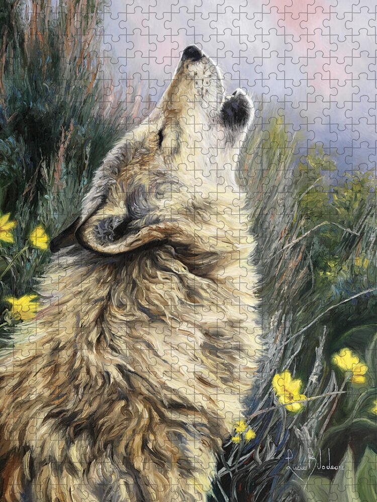 Wolf Jigsaw Puzzle featuring the painting The Call by Lucie Bilodeau