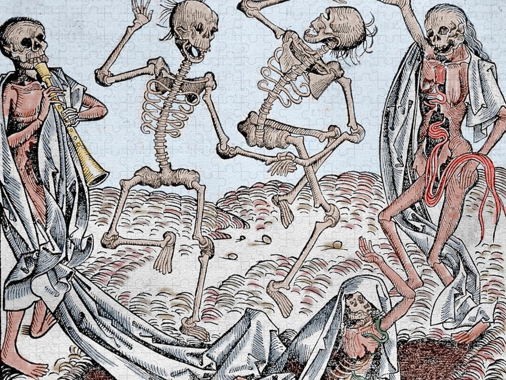 The Dance Of Death Jigsaw Puzzle featuring the drawing The Dance of Death by Michael Wolgemut