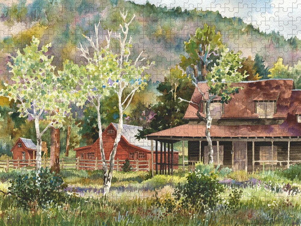 Barn Painting Jigsaw Puzzle featuring the painting The DeLonde Homestead at Caribou Ranch by Anne Gifford