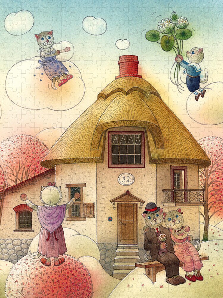 Cat Dream House Sky Clouds Flowers Spring Jigsaw Puzzle featuring the painting The Dream Cat 05 by Kestutis Kasparavicius