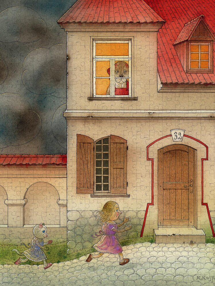 Cat Girl Fantasy Storm House Dog Red Black Street Thunderstorm Jigsaw Puzzle featuring the painting The Dream Cat 17 by Kestutis Kasparavicius