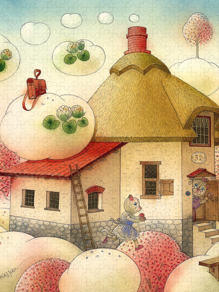 Clouds Sky White Blue Cat House Spring Morning Flowers Jigsaw Puzzle featuring the drawing The Dream Cat 28 by Kestutis Kasparavicius
