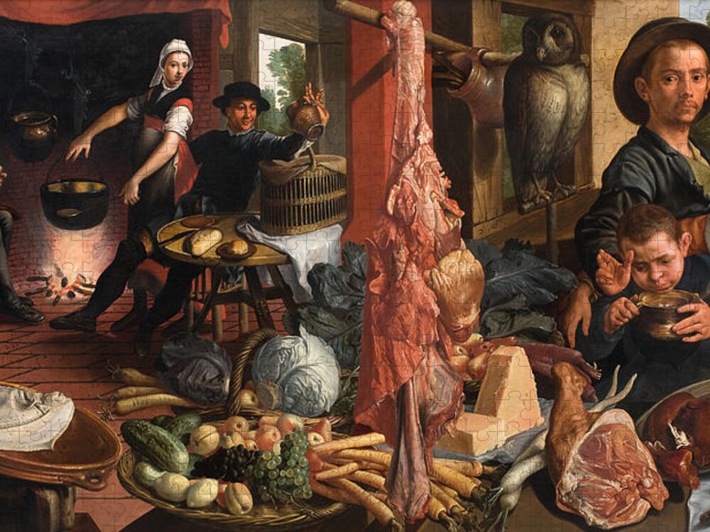 Pieter Aertsen Jigsaw Puzzle featuring the painting The Fat Kitchen. An Allegory by Pieter Aertsen