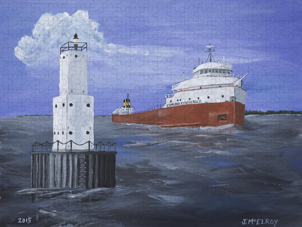 Lighthouse Jigsaw Puzzle featuring the painting The Fitz Departs Escanaba by Jerry McElroy