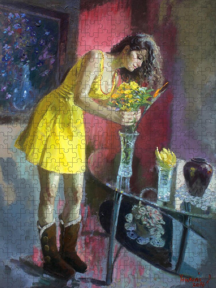 Girl Jigsaw Puzzle featuring the painting The Flowers by Ylli Haruni