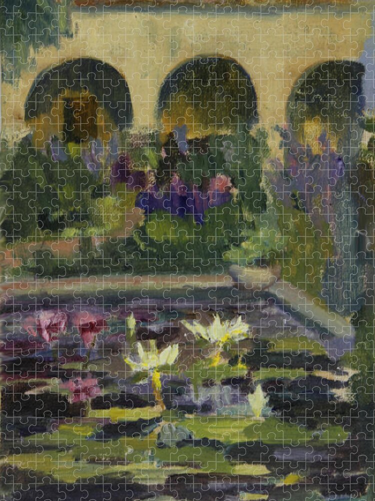San Juan Capistrano Mission Jigsaw Puzzle featuring the painting  Fountain At Mission San Juan Capistrano by Maria Hunt