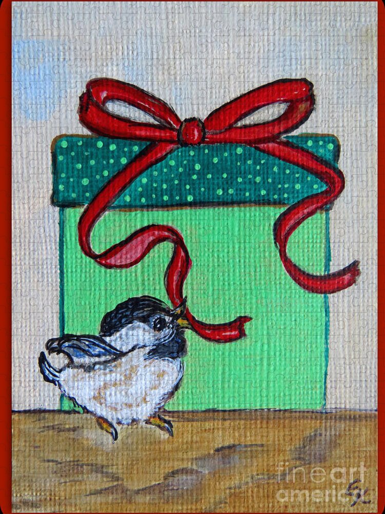 Christmas Jigsaw Puzzle featuring the painting The Gift - Christmas Chickadee Whimsical Painting by Ella by Ella Kaye Dickey