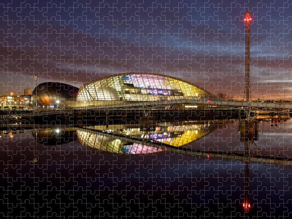 Cityscape Jigsaw Puzzle featuring the photograph The last of the light at the Glasgow Science Centre by Stephen Taylor