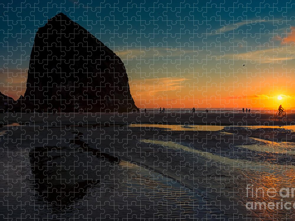 Cannon Beach Jigsaw Puzzle featuring the photograph The Lone Biker by Carrie Cole