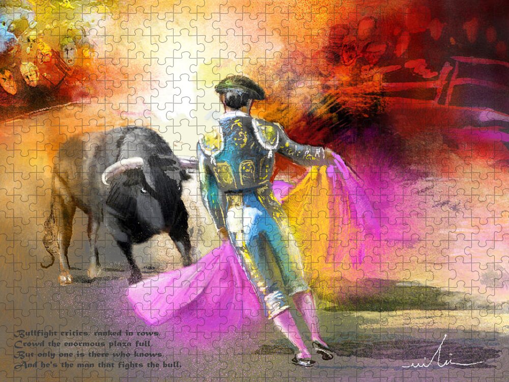 Bulls Jigsaw Puzzle featuring the painting The Man Who Fights The Bull by Miki De Goodaboom