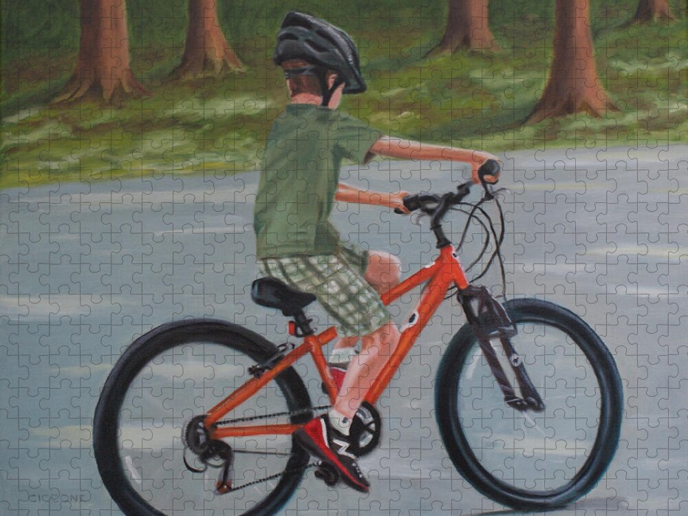 Boy Jigsaw Puzzle featuring the painting The New Bike by Jill Ciccone Pike