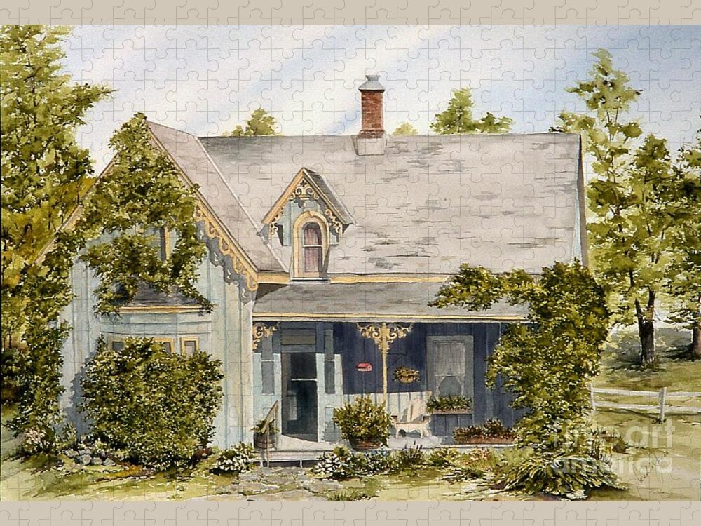 House Jigsaw Puzzle featuring the painting The Old Blue House by Jackie Mueller-Jones