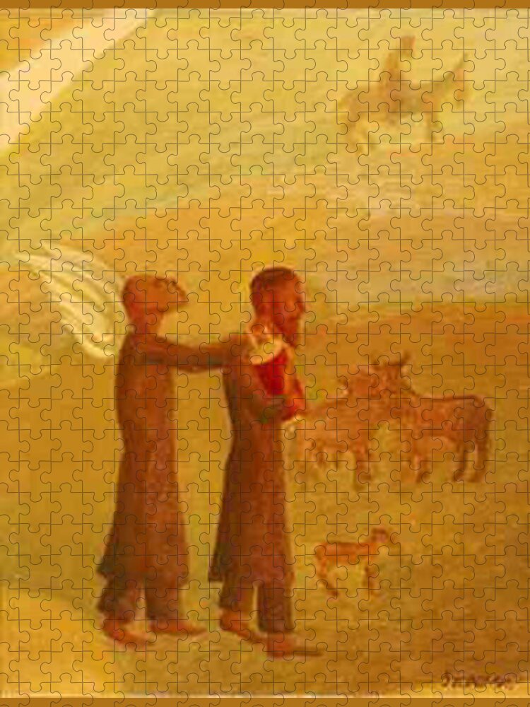 The Rabbi Leading The Angel Jigsaw Puzzle featuring the painting The Rabbi Leading the Angel by Israel Tsvaygenbaum