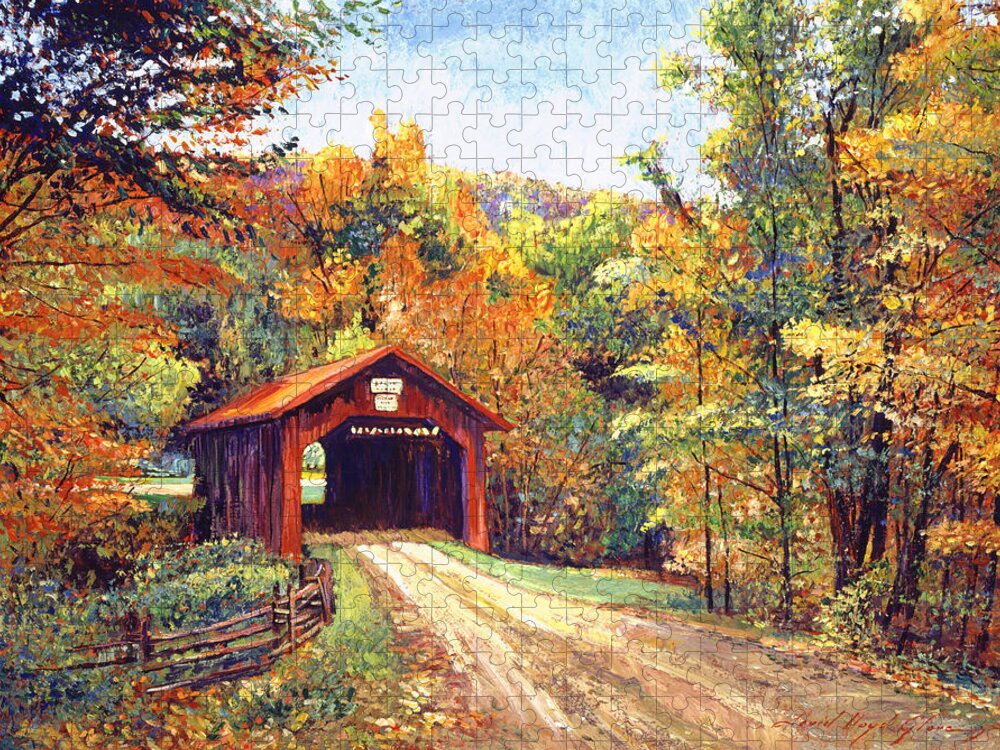 #faatoppicks Jigsaw Puzzle featuring the painting The Red Covered Bridge by David Lloyd Glover