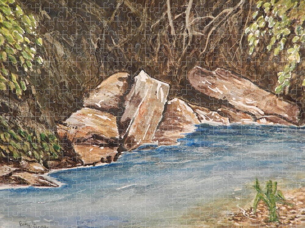 Rocks Jigsaw Puzzle featuring the painting The River's Edge by Betty-Anne McDonald