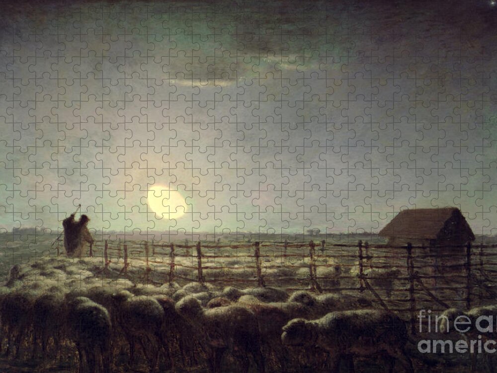 The Sheepfold Jigsaw Puzzle featuring the painting The Sheepfold  Moonlight by Jean Francois Millet