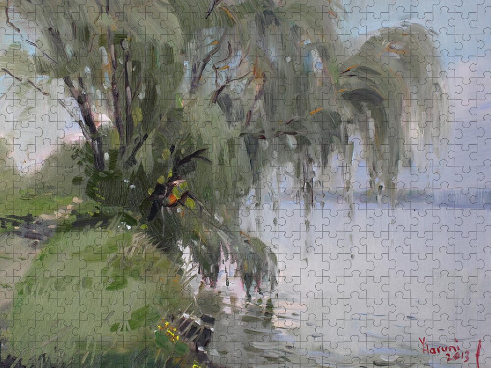 Niagara River Jigsaw Puzzle featuring the painting The Tree by Niagara River by Ylli Haruni
