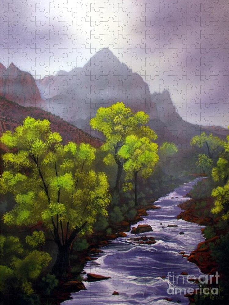 Zion National Park Jigsaw Puzzle featuring the painting The Watchman ZION by Jerry Bokowski