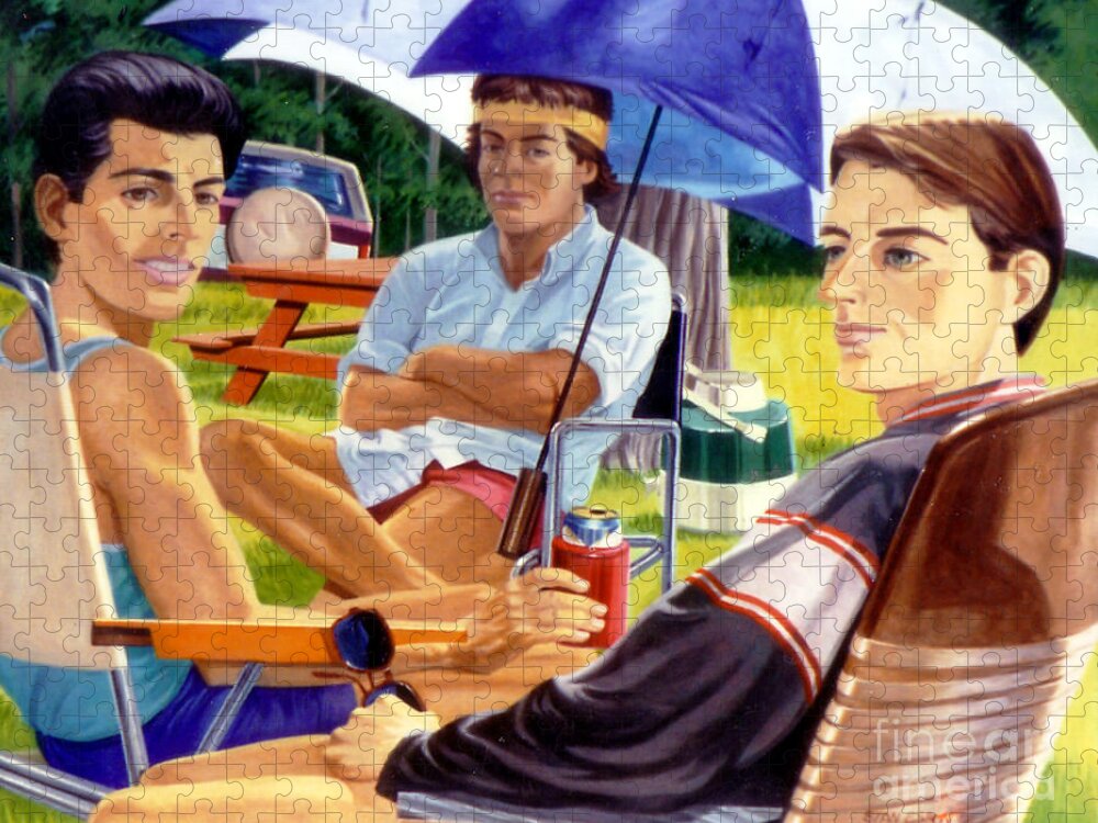 Three Men Jigsaw Puzzle featuring the painting Three Friends Camping by Stan Esson