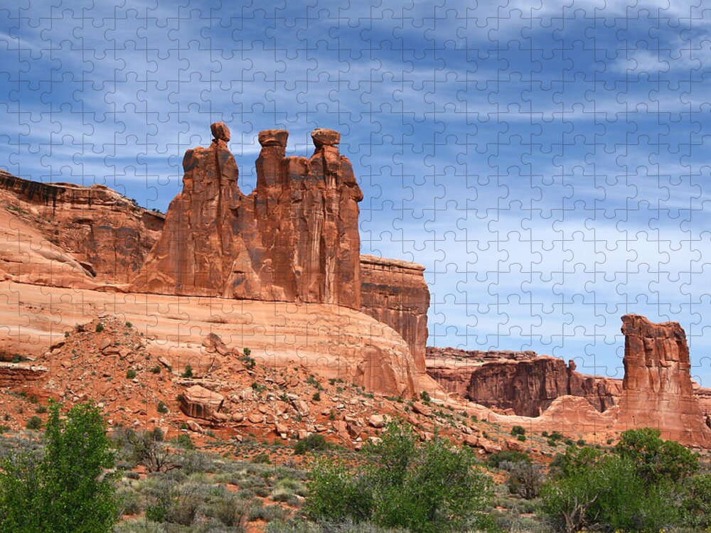 Three Gossips Jigsaw Puzzle featuring the digital art Three Gossips - Arches National Park by Georgia Clare