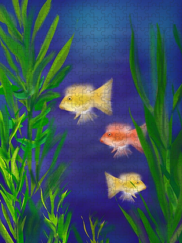 Tropical Fish Jigsaw Puzzle featuring the digital art Three little fish by Christine Fournier