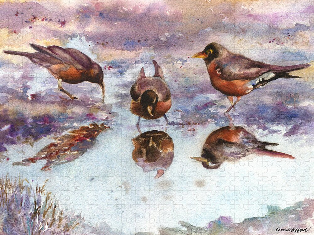Robins Painting Jigsaw Puzzle featuring the painting Three Thirsty Robins by Anne Gifford