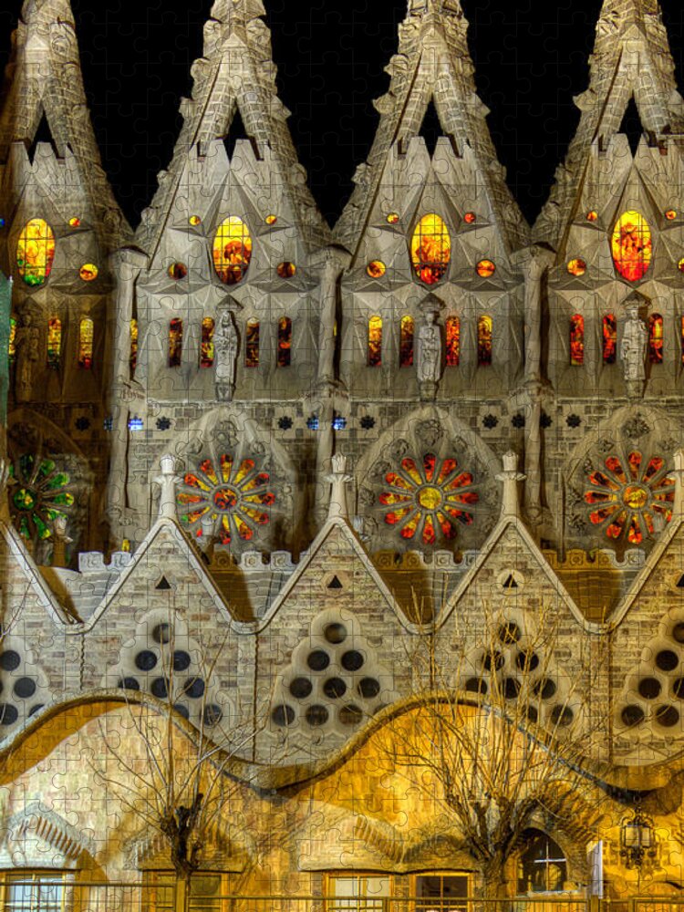 Sagrada Familia Jigsaw Puzzle featuring the photograph Three tiers - Sagrada Familia at night - Gaudi by Weston Westmoreland