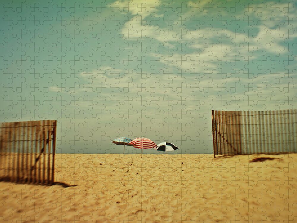 Tranquility Jigsaw Puzzle featuring the photograph Three Umbrellas On The Beach by Suzanne Cummings