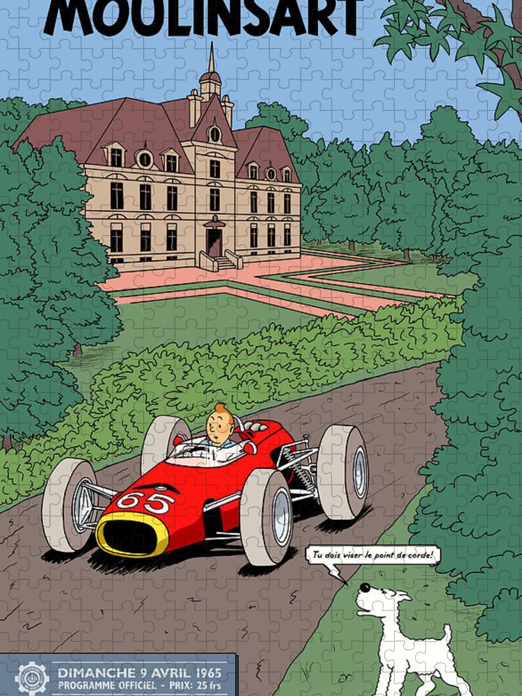 Tintin Grand Prix Jigsaw Puzzle featuring the digital art Tintin Grand Prix de Moulinsart 1965 by Georgia Fowler