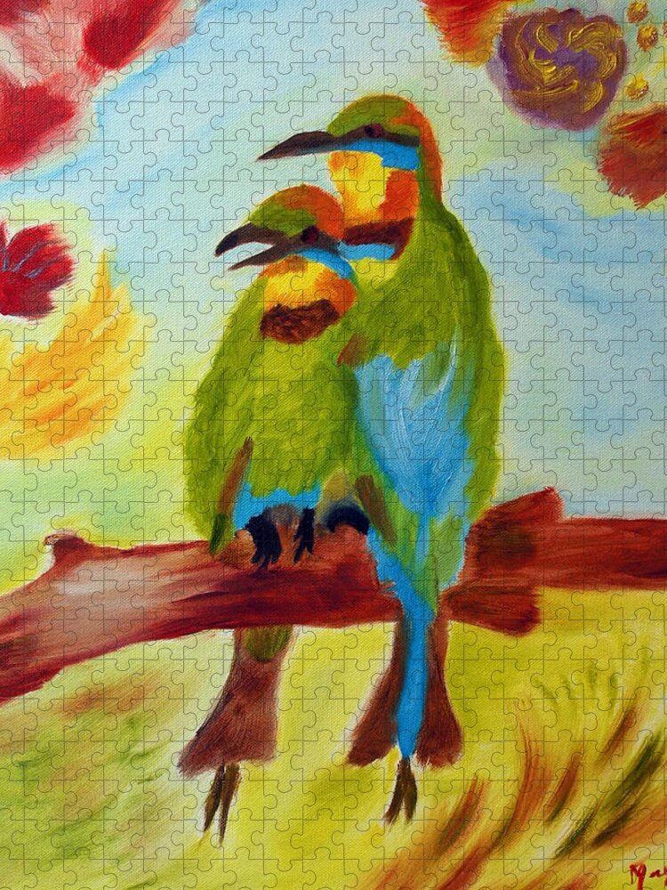 Colorful Birds Jigsaw Puzzle featuring the painting Together by Meryl Goudey