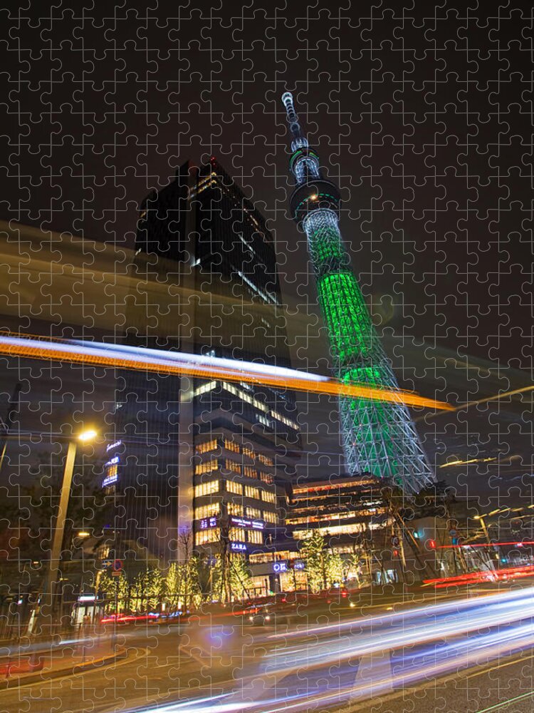 Built Structure Jigsaw Puzzle featuring the photograph Tokyo Sky Tree With Christmas Lightup by Photography By Zhangxun