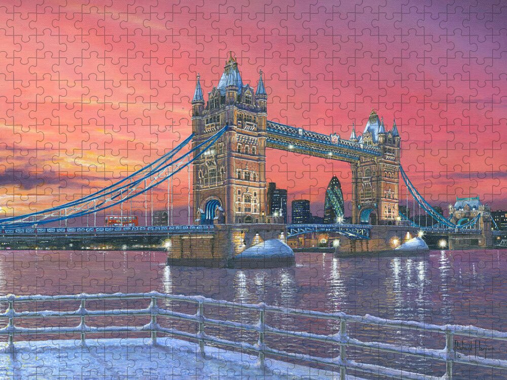Architecture Art Jigsaw Puzzle featuring the painting Tower Bridge after the Snow by Richard Harpum