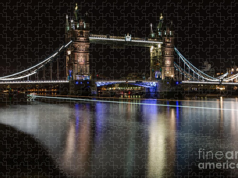 London Jigsaw Puzzle featuring the photograph Tower Bridge with Boat Trails by John Daly