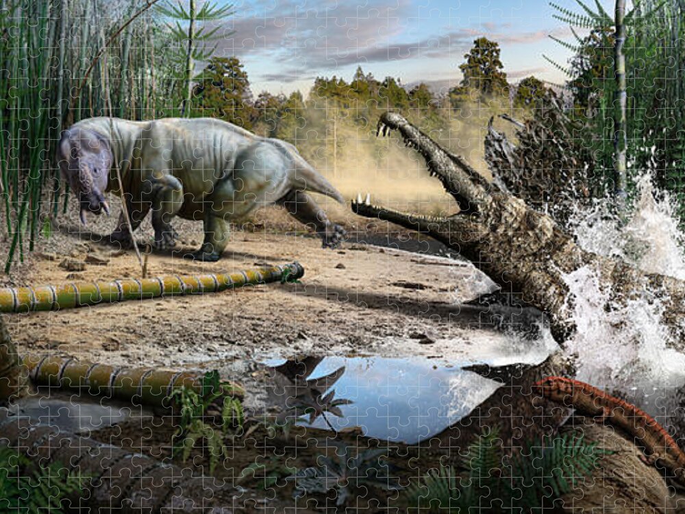 Dinosaur Jigsaw Puzzle featuring the digital art Triassic mural 1 by Julius Csotonyi