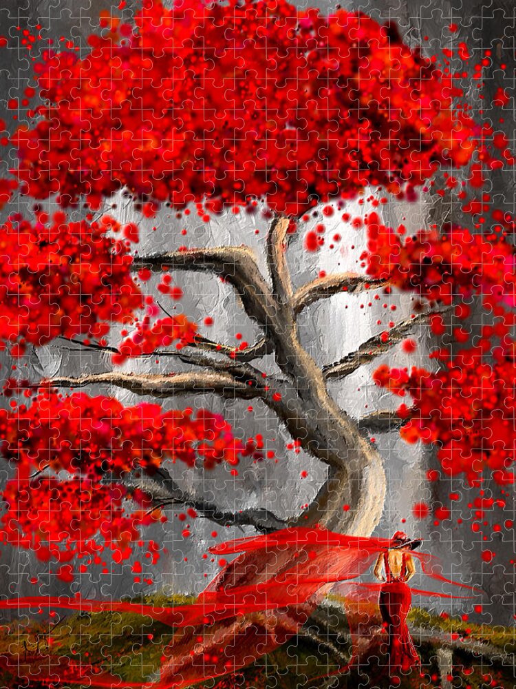 Red And Gray Jigsaw Puzzle featuring the painting True Love Waits - Red And Gray Art by Lourry Legarde